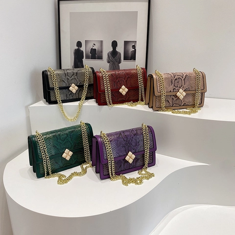 Vintage Snake Pattern PU Leather Handbag Gold Chain Shoulder Crossbody Bag Retro Square Flap Evening Party Elegant