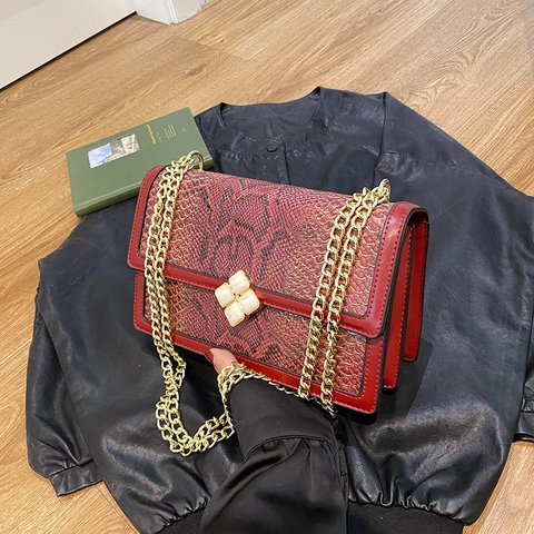 Vintage Snake Pattern PU Leather Handbag Gold Chain Shoulder Crossbody Bag Retro Square Flap Evening Party Elegant