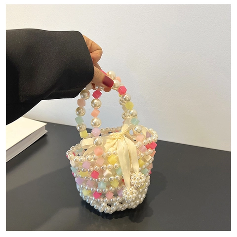 Hand Woven Artificial Pearl Bucket Bag With Colorful Acrylic Beads Satin Bow Drawstring Evening Handbag For Women Sweet Style
