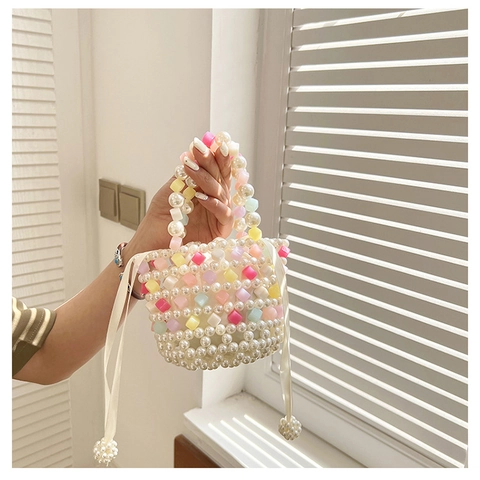 Hand Woven Artificial Pearl Bucket Bag With Colorful Acrylic Beads Satin Bow Drawstring Evening Handbag For Women Sweet Style