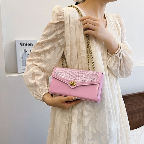 Damen Umhängetasche PU Leder Krokodil Muster Metall Kette Turn Lock Kleine Quadratische Flap Handtasche Elegant Vielseitig