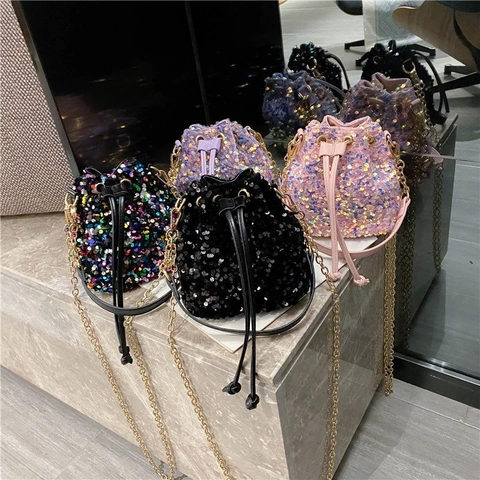 Bolso De Cubo Con Cordón Y Lentejuelas Para Mujer Bolso De Hombro Brillante Para Fiesta Con Cadena Dorada