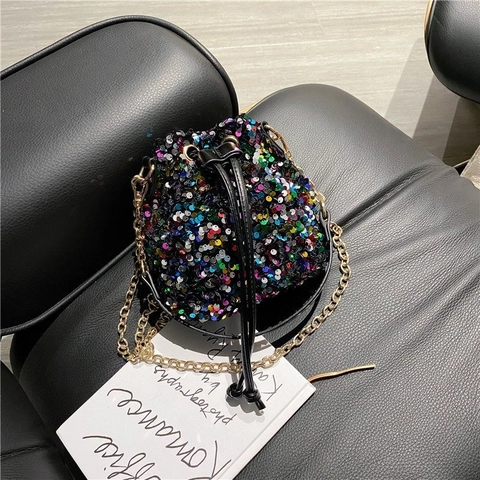 Bolso De Cubo Con Cordón Y Lentejuelas Para Mujer Bolso De Hombro Brillante Para Fiesta Con Cadena Dorada