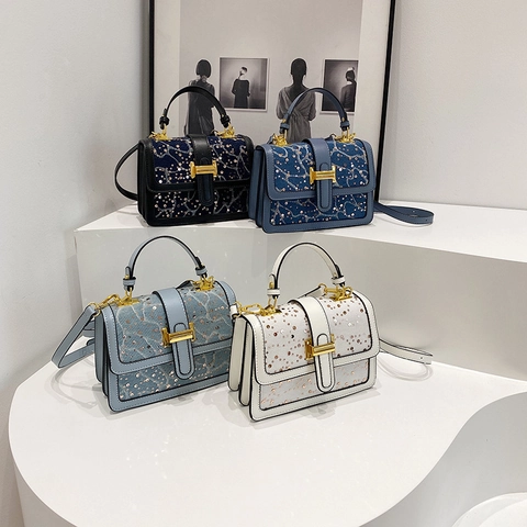 Bolso de Mano de Moda para Mujer con Lentejuelas y Strass Lujo Cuero PU Pequeño Bolso Cuadrado con Hebilla de Metal H Oro Bandolera