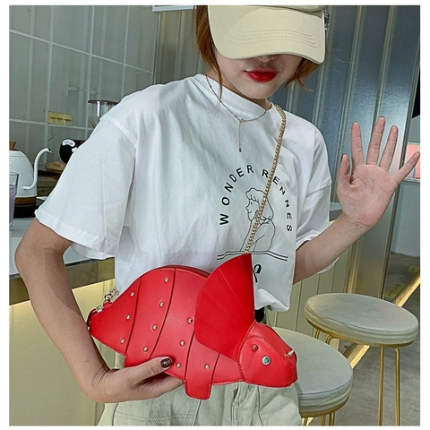 Women Triceratops Dinosaur Shape Crossbody Bag PU Leather Novelty Animal Handbag With Gold Rivets And Metal Chain Strap