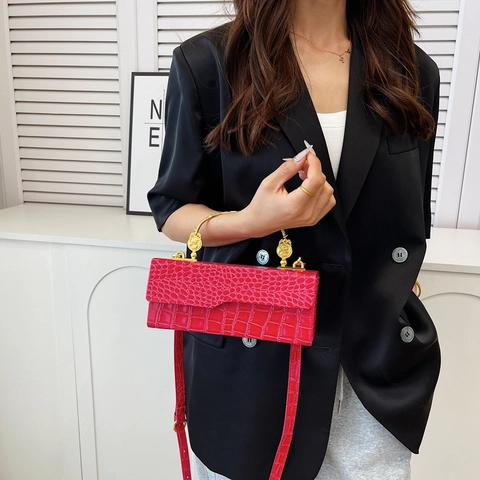 Women Crocodile Pattern PU Leather Crossbody Bag Gold Metal Handle Evening Party Handbag Square Box Shape