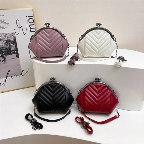 Sac À Main En Cuir PU Matelassé Pour Femmes Avec Fermoir Kiss-lock Vintage Chevron Chaîne Pochette