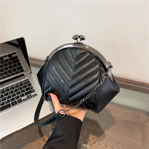 Sac À Main En Cuir PU Matelassé Pour Femmes Avec Fermoir Kiss-lock Vintage Chevron Chaîne Pochette