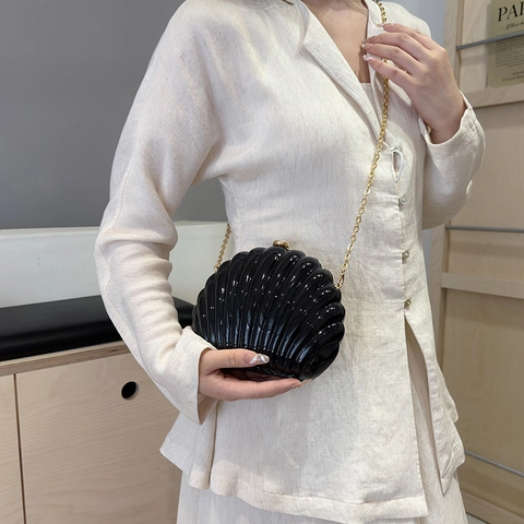 Shell Shape Metallic Evening Clutch Bag With Chain Strap For Women Party Wedding Acrylic Shell Purse