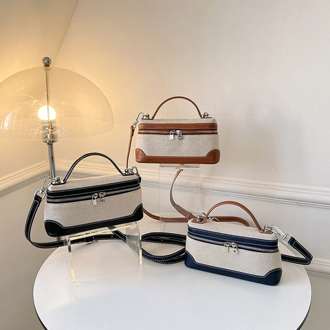 Borsa A Tracolla In Tela E Pelle PU Da Donna Retro Borsa A Mano Cuciture A Contrasto Forma Scatola Borsa A Spalla
