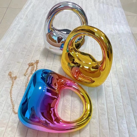 Women Glossy Acrylic Handbag Irregular Oval Mirror Surface Underarm Bag Metal Chain Strap Crossbody Retro Style