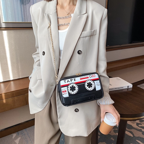 Retro Cassette Tape Shaped Crossbody Bag Vintage PU Leather Gold Metal Chain Shoulder Handbag Creative Novelty For Women