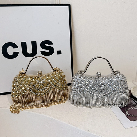 Borsa Da Sera Strass Scintillante Nappa Manico In Metallo Catena Rimovibile Matrimonio Festa Pochette Donna