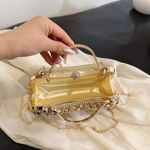 Borsa Da Sera Strass Scintillante Nappa Manico In Metallo Catena Rimovibile Matrimonio Festa Pochette Donna