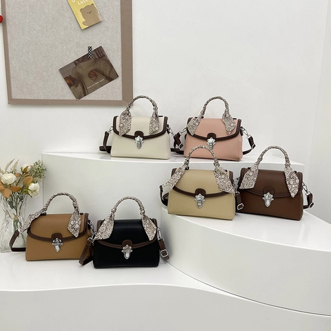 Borsa A Mano Da Donna Alla Moda Pelle PU Motivo Litchi Manico Avvolto In Raso Serratura In Metallo Retro Elegante Tracolla