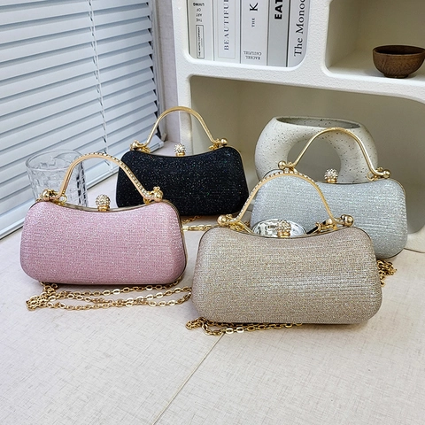Women Evening Clutch Bag Glitter Sequin Hard Shell Handbag With Metal Handle Rhinestone Clasp Chain Strap Elegant Party