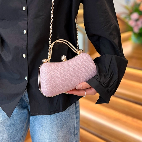 Women Evening Clutch Bag Glitter Sequin Hard Shell Handbag With Metal Handle Rhinestone Clasp Chain Strap Elegant Party