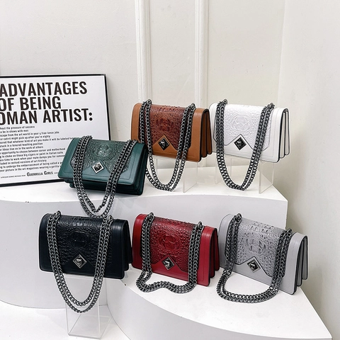 Women Shoulder Bag PU Leather Crocodile Pattern Metal Chain Crossbody Chic Retro Flap Small Square Handbag Trendy