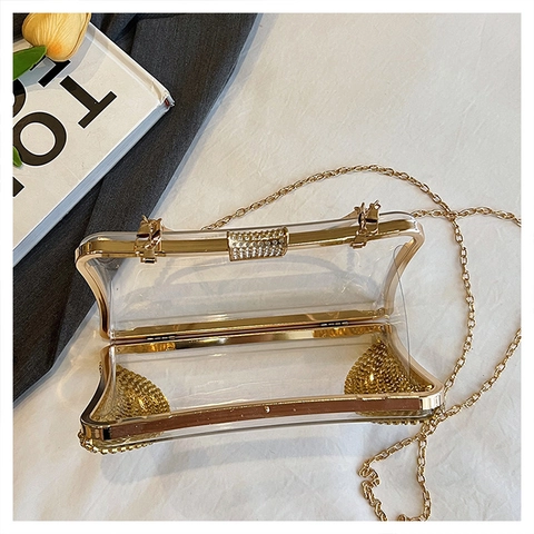 Klarer Acryl Abend Clutch Tasche Strass Luxus Box Handtasche Metallkette Umhängetasche Für Frauen Hochzeit Party
