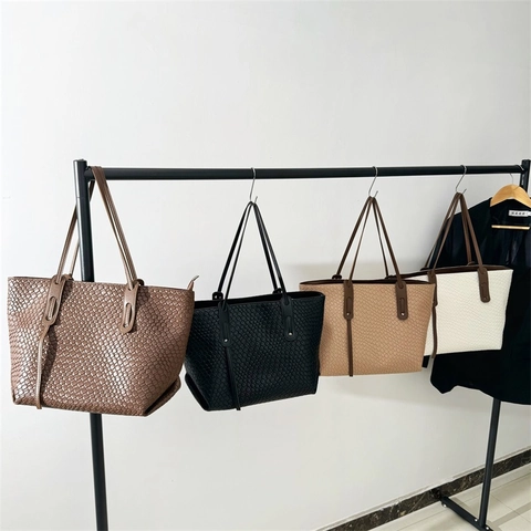 Bolso Tote Tejido De Cuero PU Gran Capacidad Color Sólido Bolso De Hombro Para Mujer Estilo Coreano Elegante