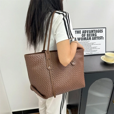 Bolso Tote Tejido De Cuero PU Gran Capacidad Color Sólido Bolso De Hombro Para Mujer Estilo Coreano Elegante