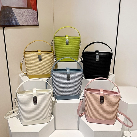 Damen Gewebte Eimertasche PU Leder Patchwork Metallschloss Sommer Urlaub Handtasche Umhängetasche