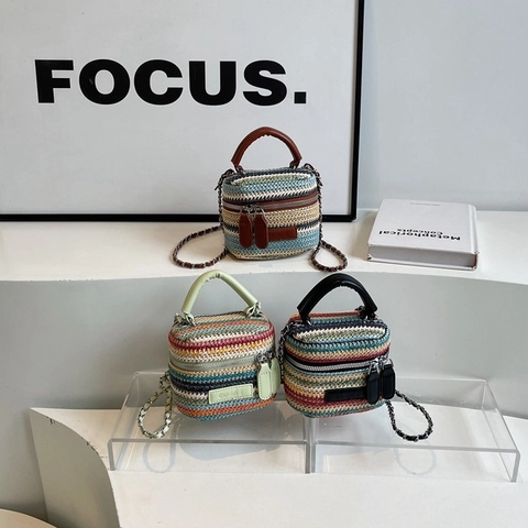 Mini Borsa A Mano In Paglia Intrecciata A Righe Colorate Per Donna Manico In Pelle Tracolla A Catena Boho