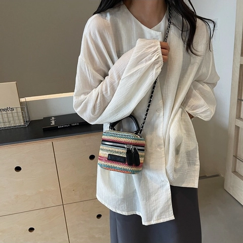Mini Borsa A Mano In Paglia Intrecciata A Righe Colorate Per Donna Manico In Pelle Tracolla A Catena Boho