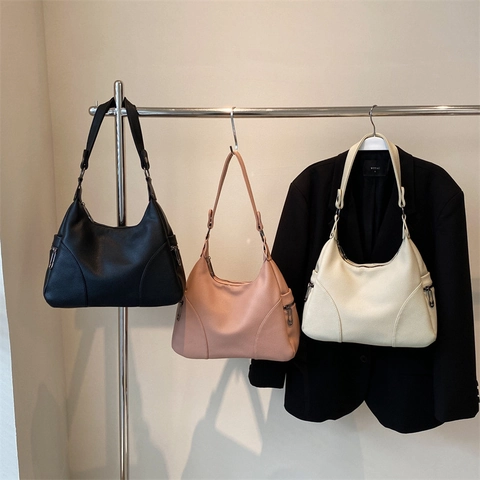 Hobo Shoulder Bag Litchi Texture PU Leather Large Capacity Simple Solid Color Commute Handbag For Women