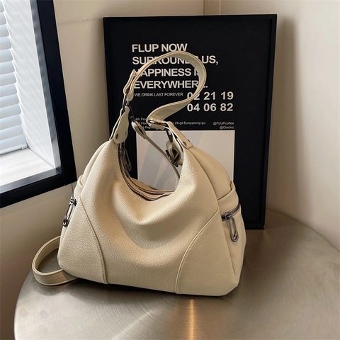 Hobo Shoulder Bag Litchi Texture PU Leather Large Capacity Simple Solid Color Commute Handbag For Women