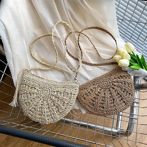 Damen Stroh Gewebte Umhängetasche Halbmond Fransen Quaste Schulterhandtasche Sommer Strandurlaub Lässiger Stil