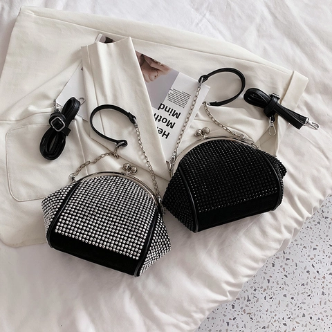 Rhinestone Evening Bag PU Leather Kiss Lock Sparkly Party Clutch With Metal Chain Shoulder Strap For Women Elegant