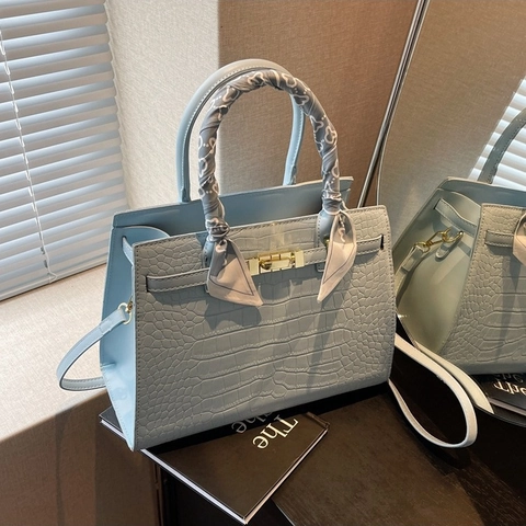 Women Handbag Crocodile Embossed PU Leather Shoulder Crossbody Bag Gold Twist Lock Satin Scarf Handle Decor Stylish