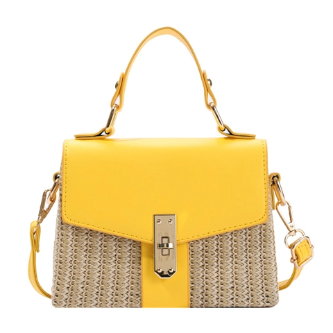 Damen Patchwork Stroh Handtasche Kunstleder Klappe Gewebte Umhängetasche Metallschloss Einfach Vielseitig Sommerurlaub
