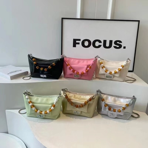 Borsa A Tracolla Da Donna In Pelle PU Con Manico In Perline E Tracolla A Catena Metallica Borsa A Spalla Versatile