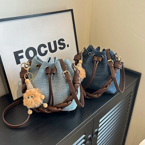 Vintage Denim Bucket Bag With Braided Leather Handle Drawstring Closure Contrast Color Crossbody Shoulder Handbag For Women