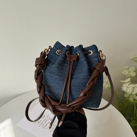 Vintage Denim Bucket Bag With Braided Leather Handle Drawstring Closure Contrast Color Crossbody Shoulder Handbag For Women