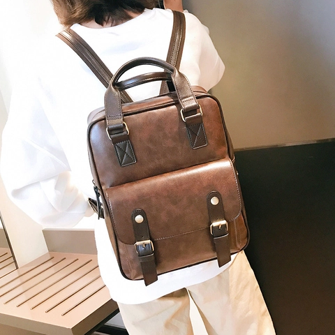 Zaino Vintage In Pelle PU Donna Grande Capacità Stile Preppy Doppia Fibbia Tasca Con Patta Viaggio Casual