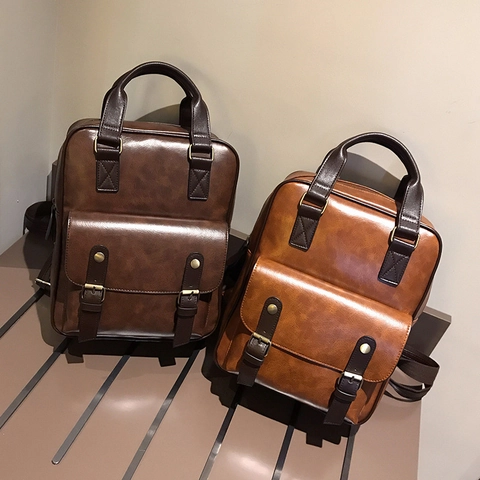 Zaino Vintage In Pelle PU Donna Grande Capacità Stile Preppy Doppia Fibbia Tasca Con Patta Viaggio Casual