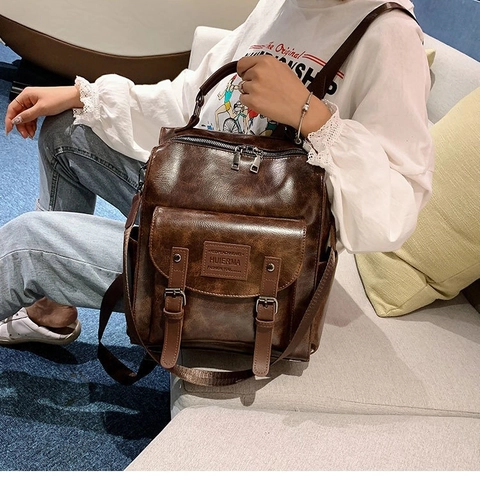 Zaino Retro In Pelle PU Da Donna Grande Capacità Versatile Doppia Fibbia Borsa A Tracolla Per Scuola Viaggi Stile Urbano