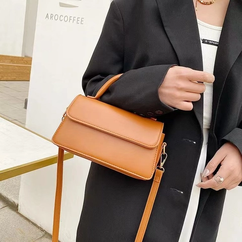 Bolso Bandolera Minimalista De Cuero PU Color Sólido Solapa Asa Superior Bolso De Hombro Versátil Para Mujer