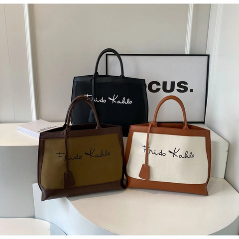 Large Capacity Tote Bag Canvas PU Leather Stitching Contrast Color Artistic Letter Print Retro Women Handbag