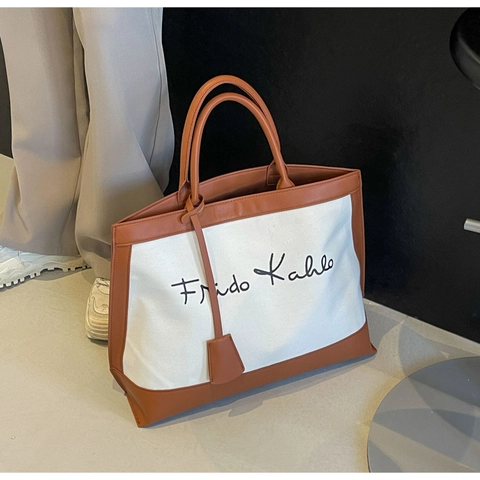 Large Capacity Tote Bag Canvas PU Leather Stitching Contrast Color Artistic Letter Print Retro Women Handbag
