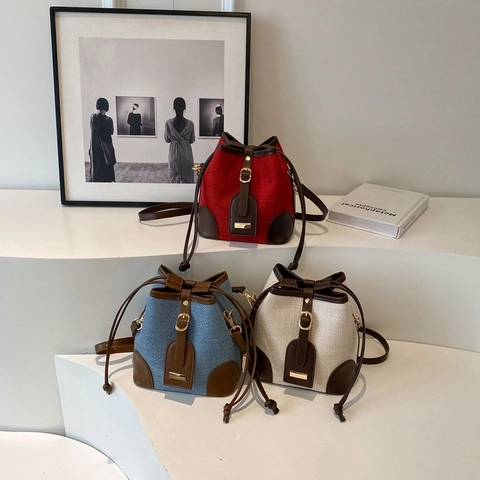 Borsa Secchiello Donna Tessuto Pelle PU Patchwork Coulisse Tracolla Borsa A Spalla Retro Minimalista Casual Mano
