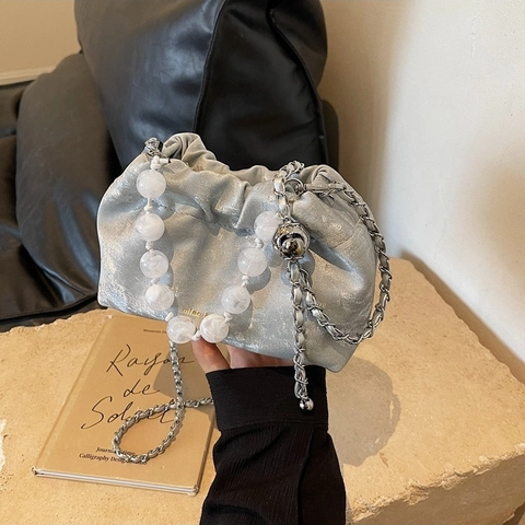 Borsa Nuvola Pieghettata Da Donna Borsa A Mano In Pelle PU Con Manico In Künstliche Perle E Tracolla A Catena Moda