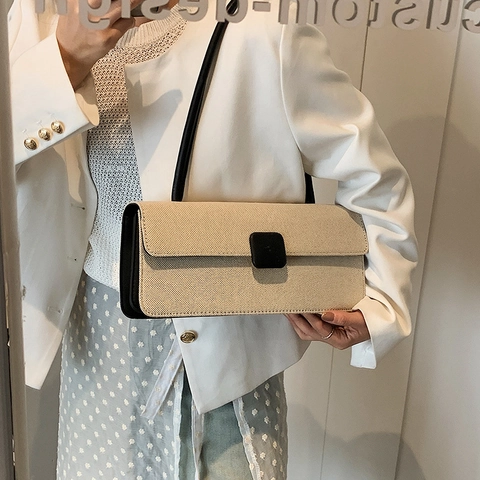 Damen Retro Canvas Unterarmtasche Mit Kontrast PU Leder Besatz Minimalistische Rechteckige Schultertasche Mode Handtasche