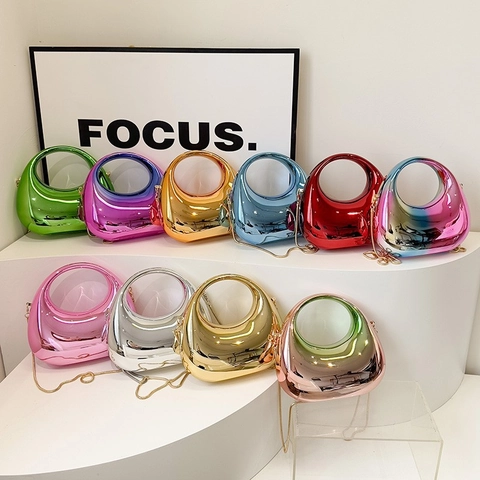Borsa Da Sera Metallizzata Specchio Con Manico Circolare Cavo E Catena Dorata Borsa A Mano Moda Per Donna