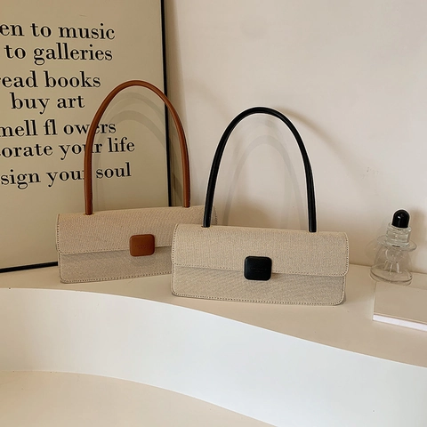 Damen Retro Canvas Unterarmtasche Mit Kontrast PU Leder Besatz Minimalistische Rechteckige Schultertasche Mode Handtasche