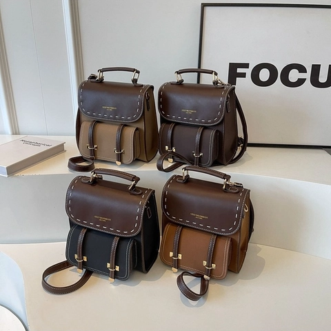 Vintage PU Leder Damen Mini Rucksack Kontrastnähte Farbblock Schultertasche Retro Kleiner Ranzen Für Reisen Alltag