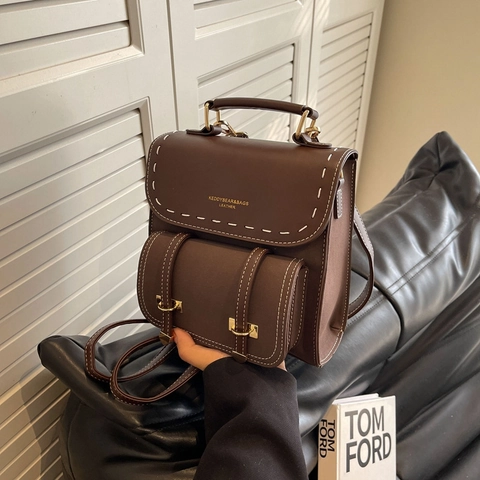 Vintage PU Leder Damen Mini Rucksack Kontrastnähte Farbblock Schultertasche Retro Kleiner Ranzen Für Reisen Alltag